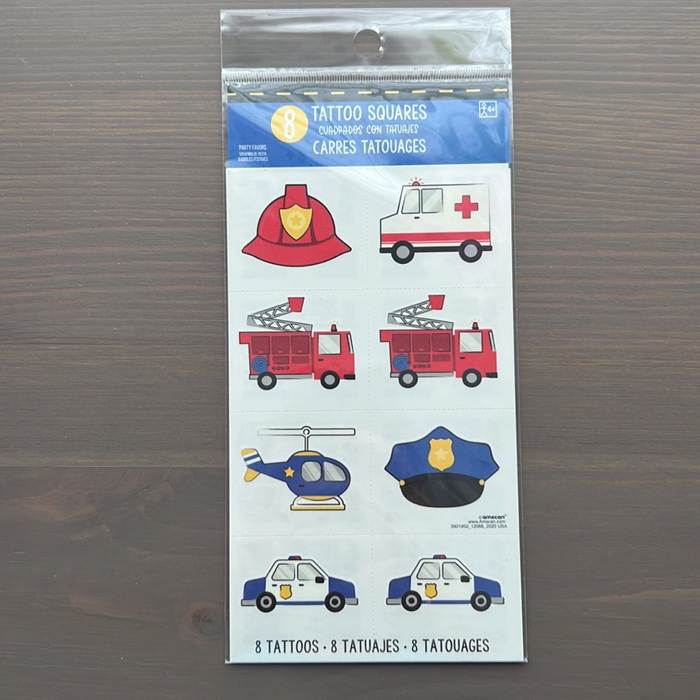 8 pcs Fireman Truck Helicopter Police Car Ambulance Temporary Tattoos